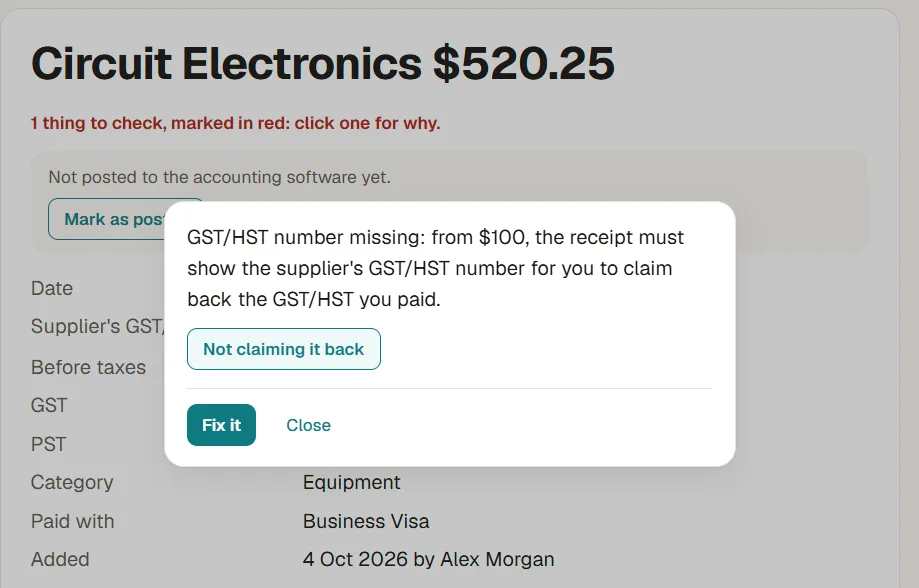 A receipt with its GST/HST number marked in red, and the box it opens.