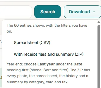 The Download menu, beside the search box on the receipts list.