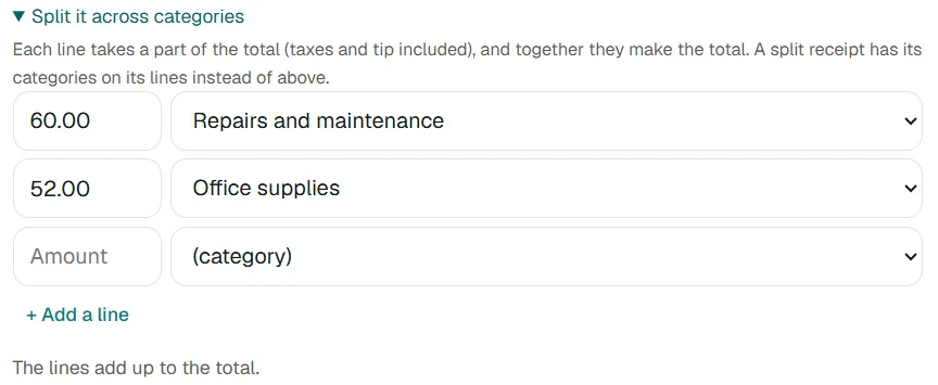 A $112.00 receipt split into two categories.
